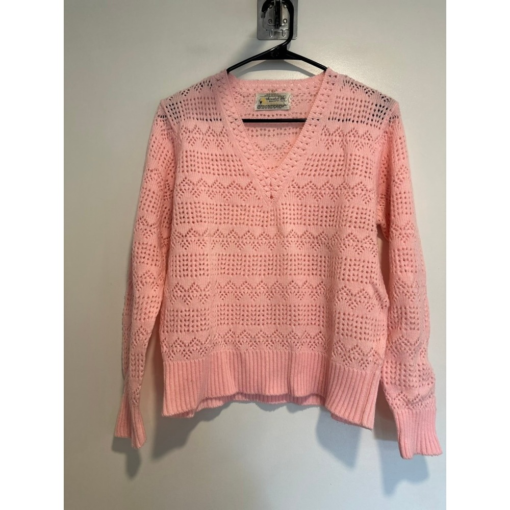 Sweater Bee Vintage Pointelle open Knit V-Neck Sweater SzL Pink coquette cottage